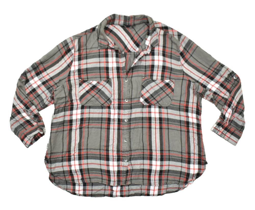 Rock & Republic Plaid Button Down Shirt Women XXL Grey Red Metallic Lurex Plaid - Picture 1 of 8